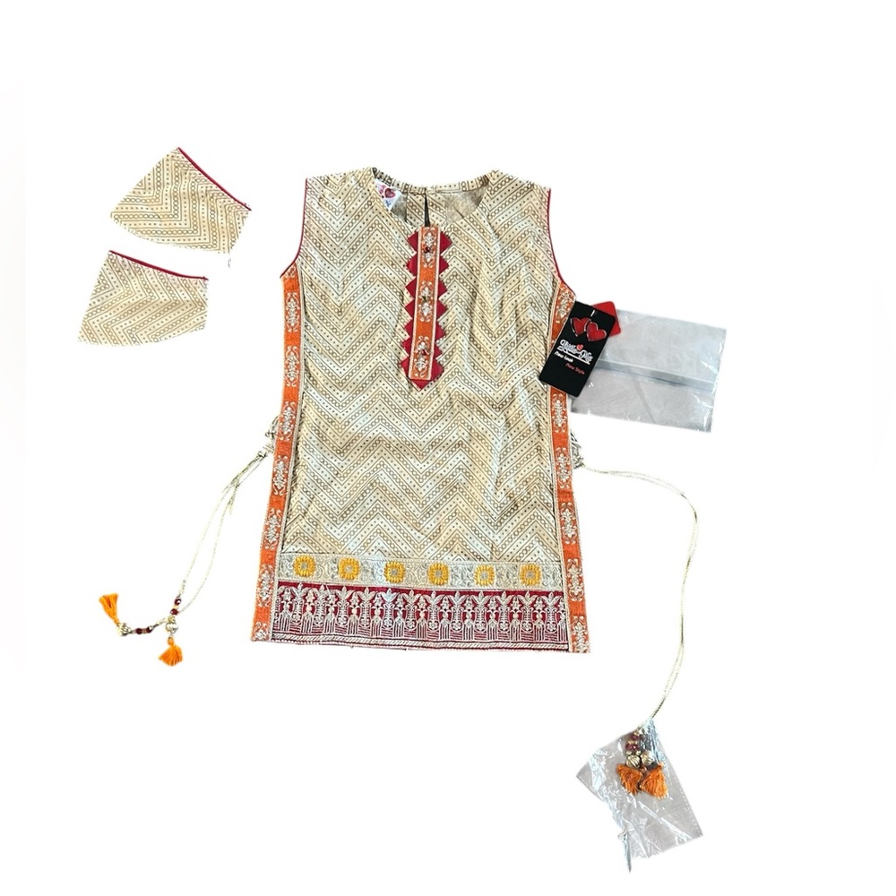NWT Girls Embroidered Beige and Red Kurta with Tassels.